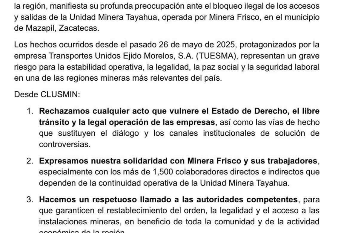 Preocupa a Clúster Minero bloqueo en Unidad Tayahua; piden restablecer el orden