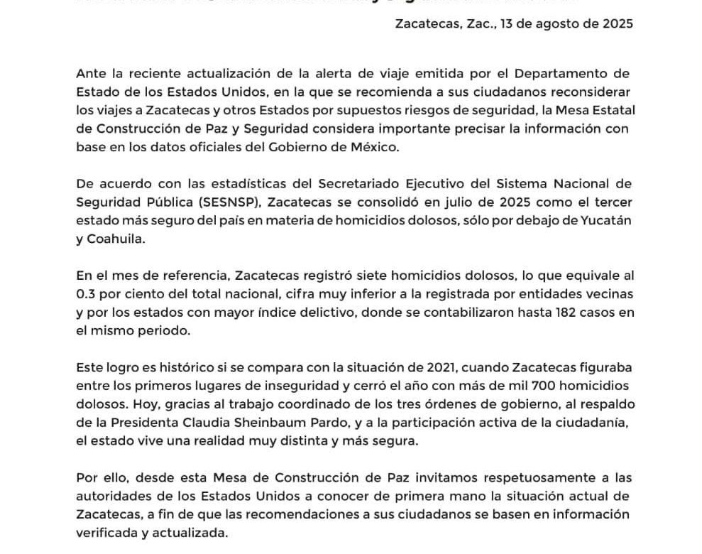 Exhorta Mesa Estatal de Construcción de Paz y Seguridad a basar alertas en información verificada y actualizada