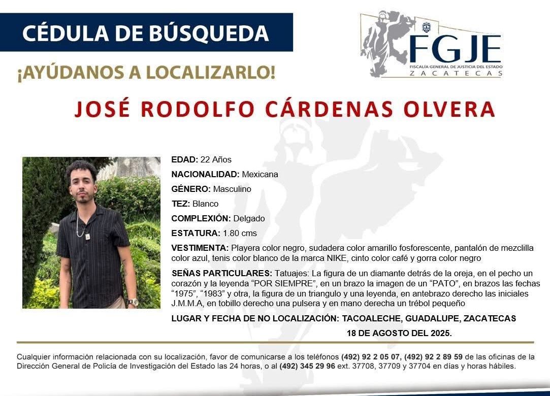 Convocan a marcha en Zacatecas para exigir regreso con vida de José Rodolfo Cárdenas