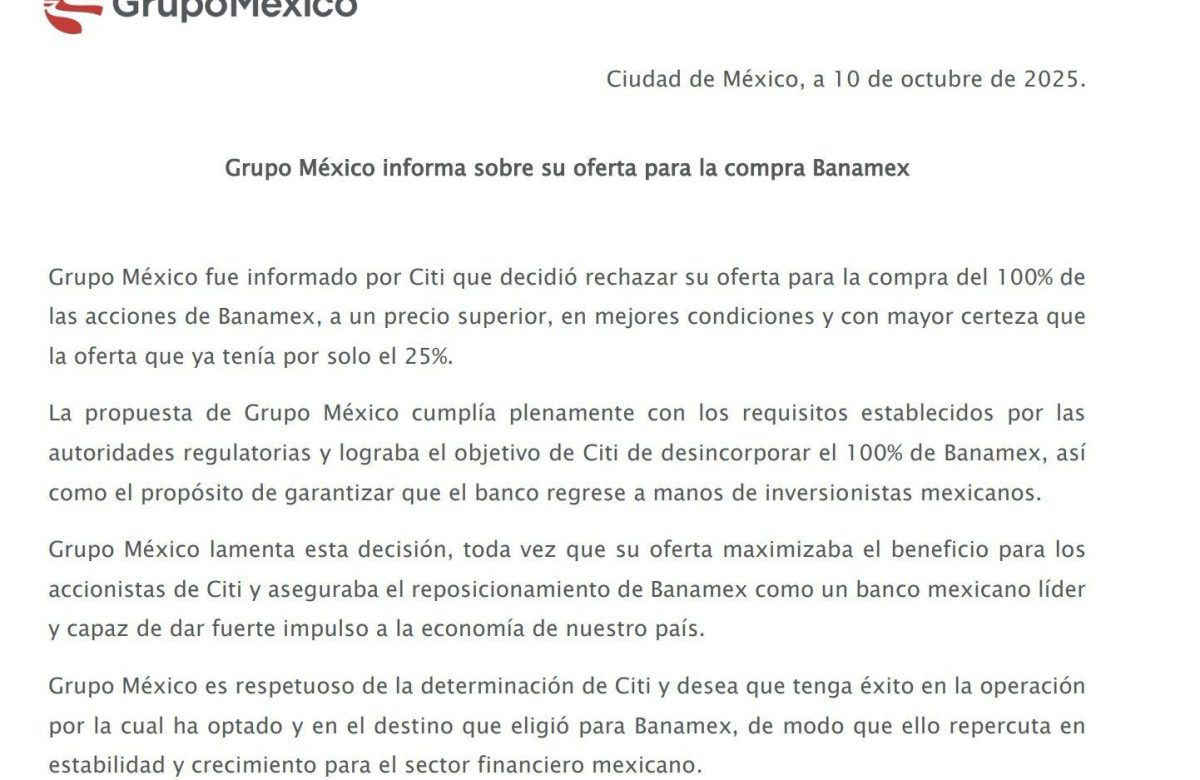 Comunica Citi a Grupo México que rechazó su oferta