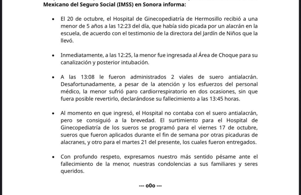 Revisará federación muerte de niña por picadura de alacrán