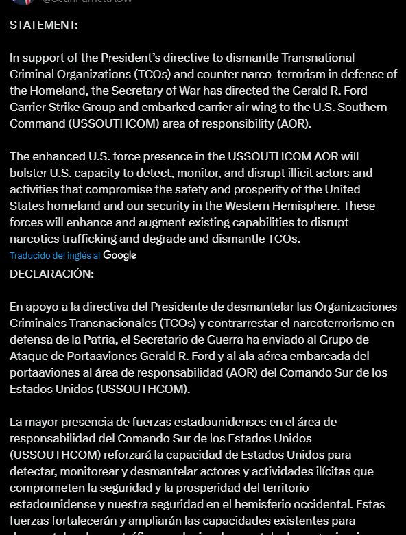 EU envía su mayor portaaviones para combatir el narcotráfico en AL