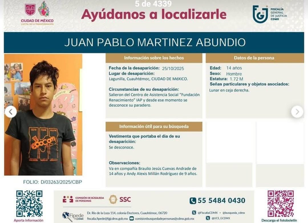 Alerta en CDMX: Adolescente zacatecano vuelve a desaparecer tras haber sido rescatado