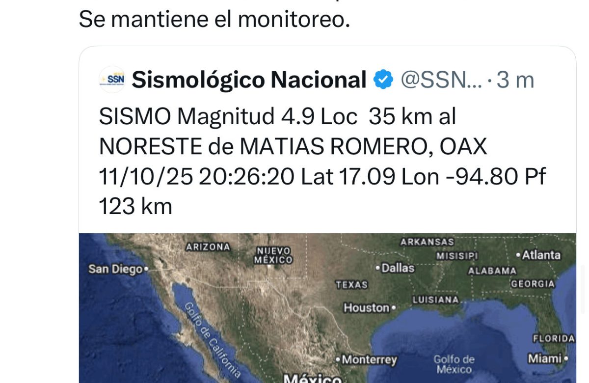 Reportan Sismo de magnitud 4.9 al noreste de Oaxaca