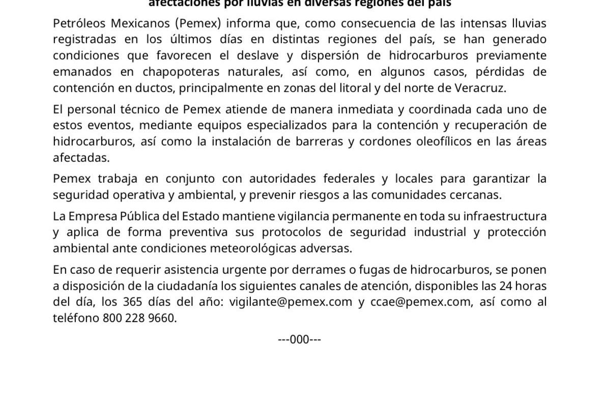 Pemex vigila instalaciones ante afectaciones por lluvias