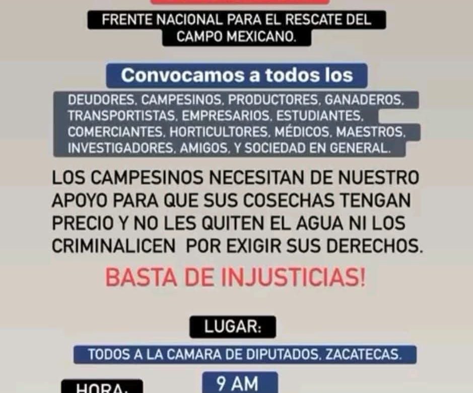 Productores y organizaciones del campo convocan a movilización en Zacatecas este 24 de noviembre