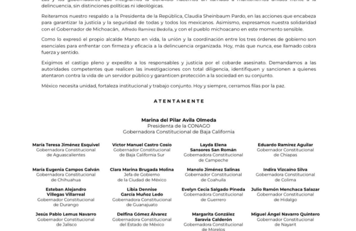 Condena CONAGO asesinato de alcalde de Uruapan; piden justicia