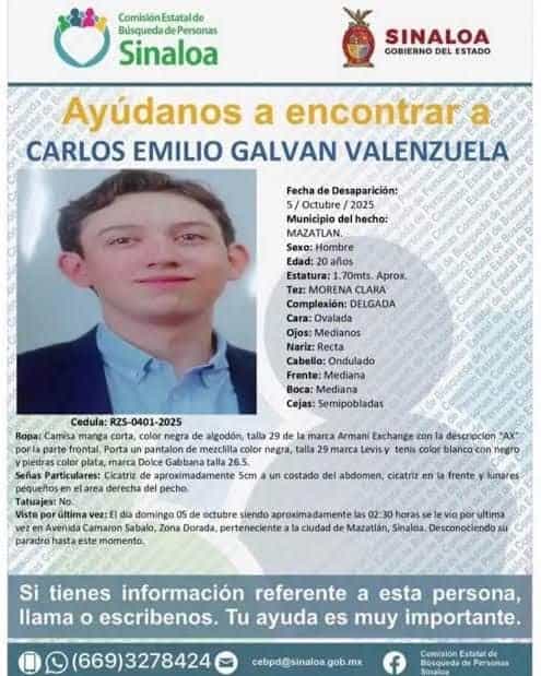 Van cinco cateos por desaparición de Carlos en Mazatlán