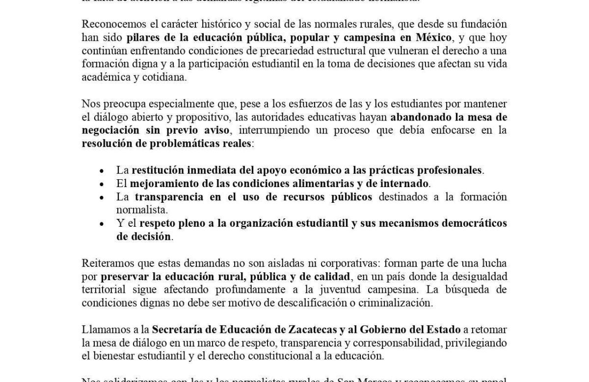 Organizaciones sociales respaldan a normalistas de San Marcos; exigen reanudar diálogo con la SEZ