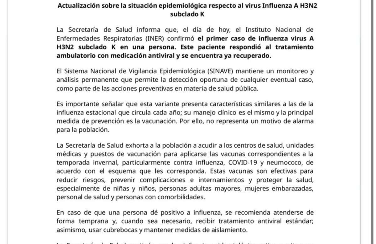 Confirman primer caso de influenza A H3N2 subclado K en México