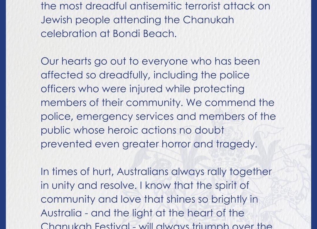 Rey Carlos III envía mensaje a Australia tras ataque en Bondi