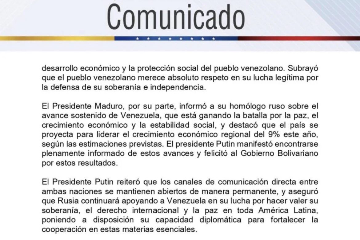 Rusia reafirma respaldo total de Moscú a gobierno venezolano