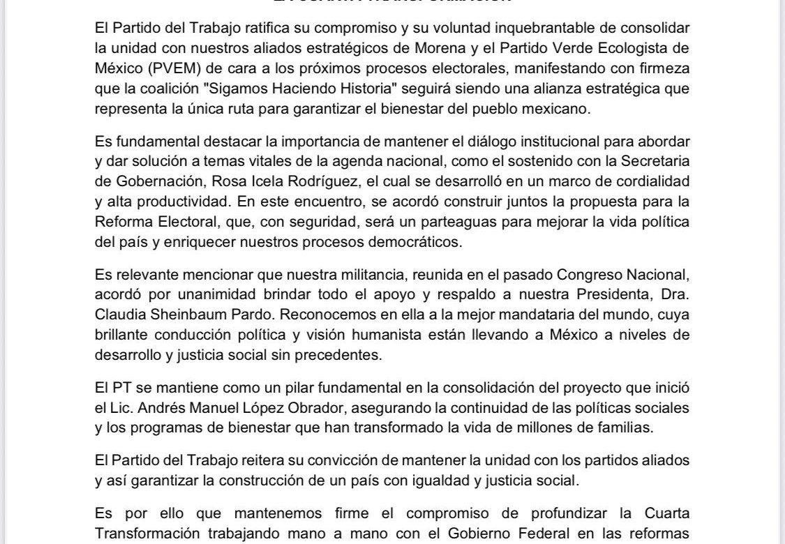 PT ratifica «compromiso» con la presidenta Sheinbaum y 4 T