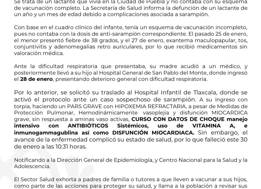 Muere menor en Tlaxcala por sarampión