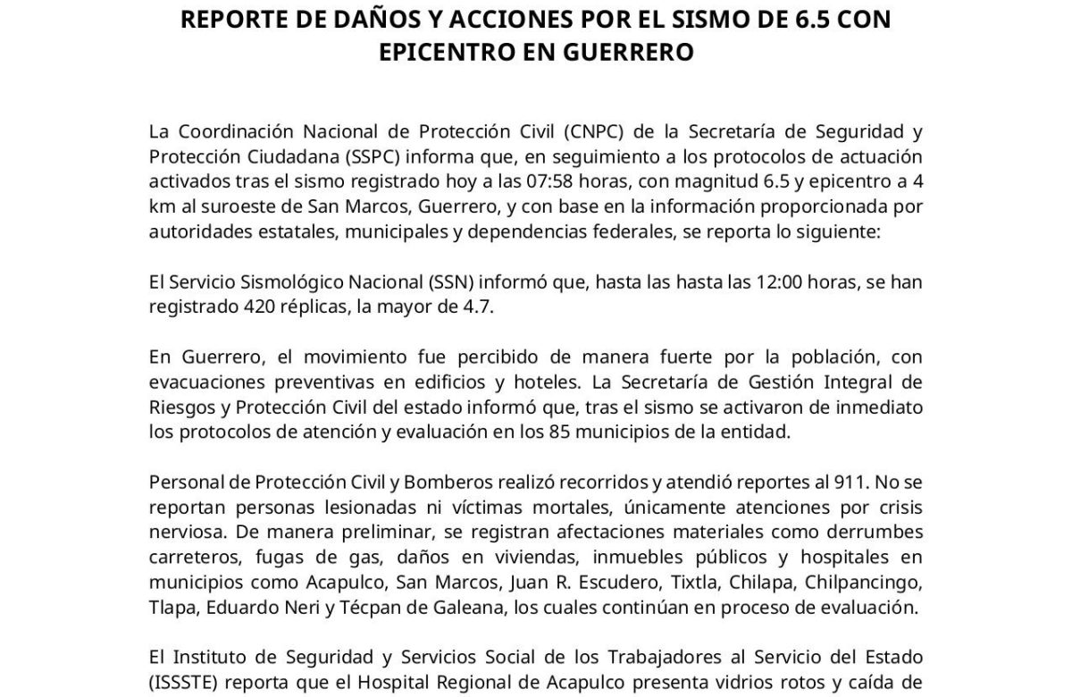 Van 420 réplicas tras sismo