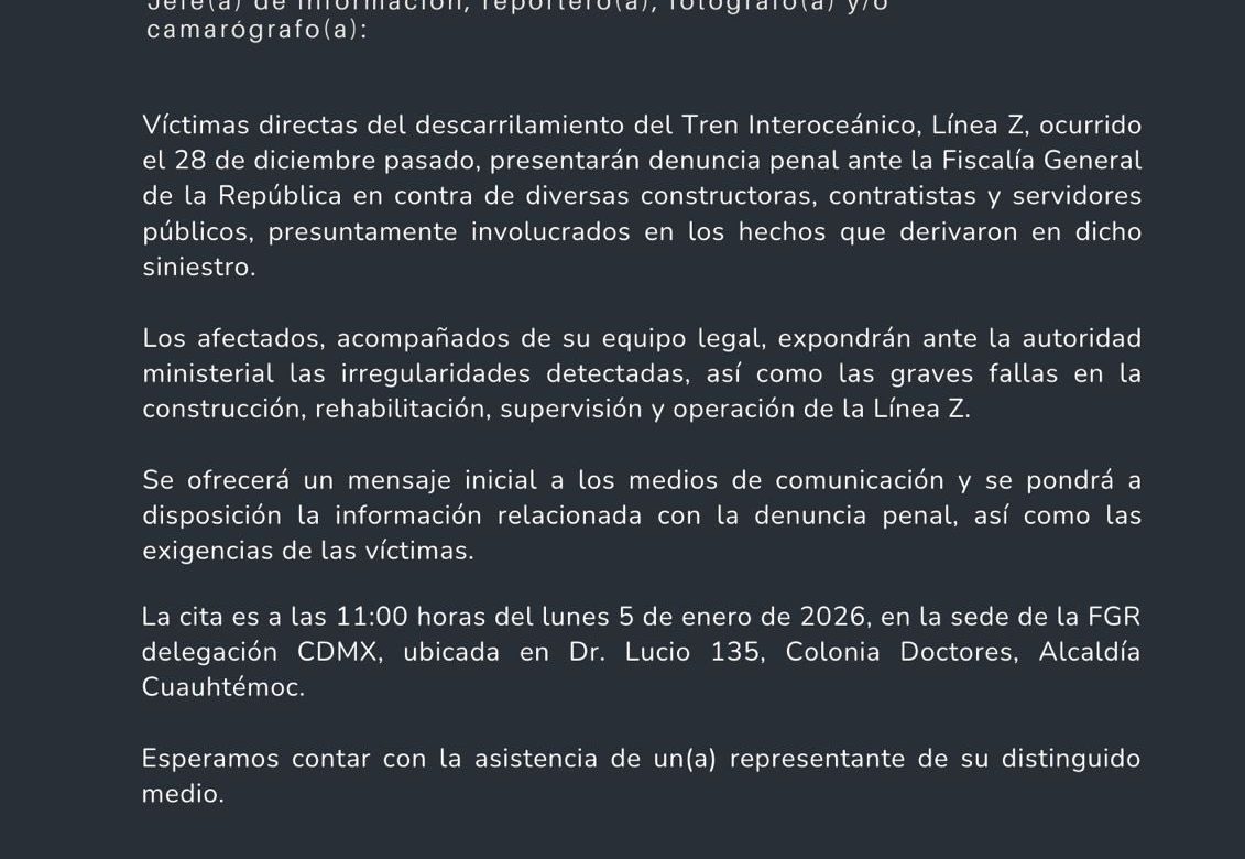 Víctimas de tren alistan denuncia penal