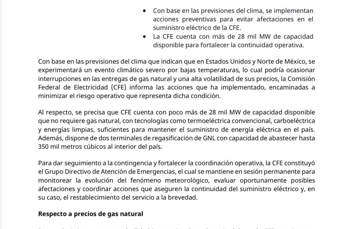 CFE implementa acciones por tormenta invernal 2026