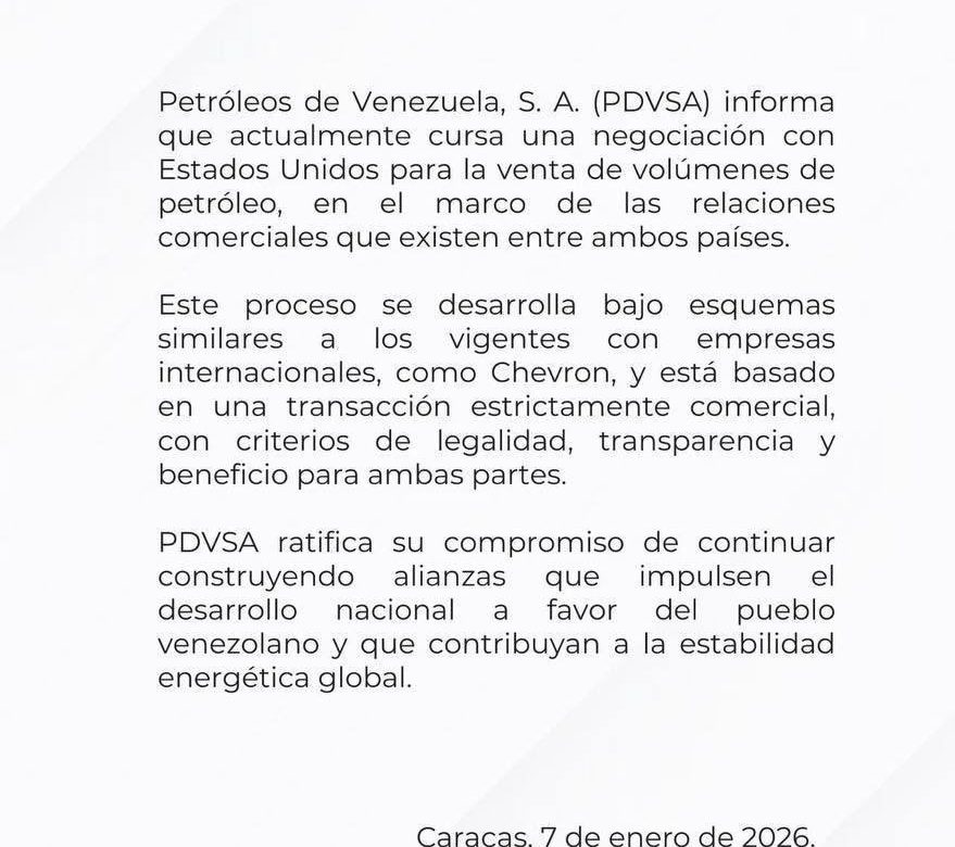 Anuncia PDVSA «negociación» con Estados Unidos para la venta de crudo