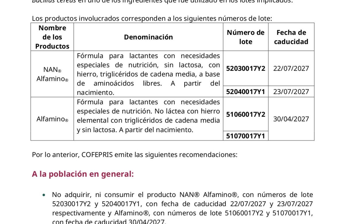 Retiran fórmulas de Nestlé por contaminación alimentaria