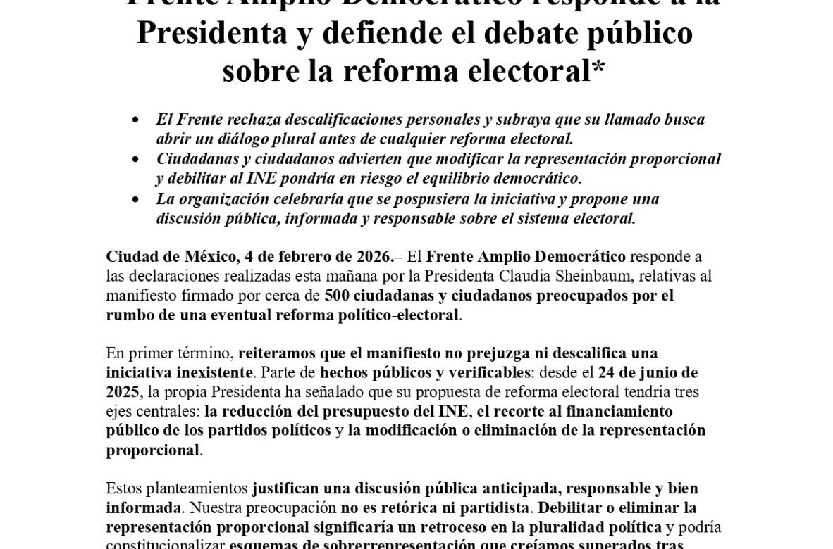 Responde Frente Amplio Democrático a declaraciones de Sheinbaum