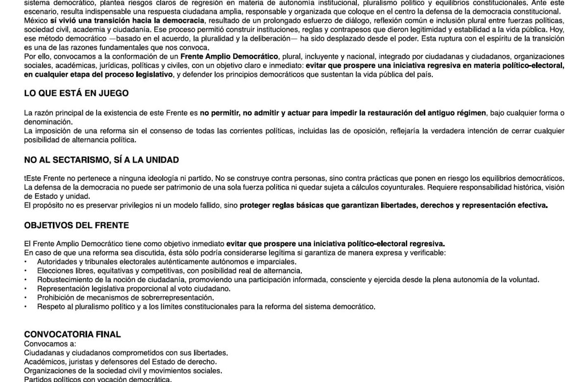 Llama Frente Amplio Democrático a crear bloque contra reforma electoral