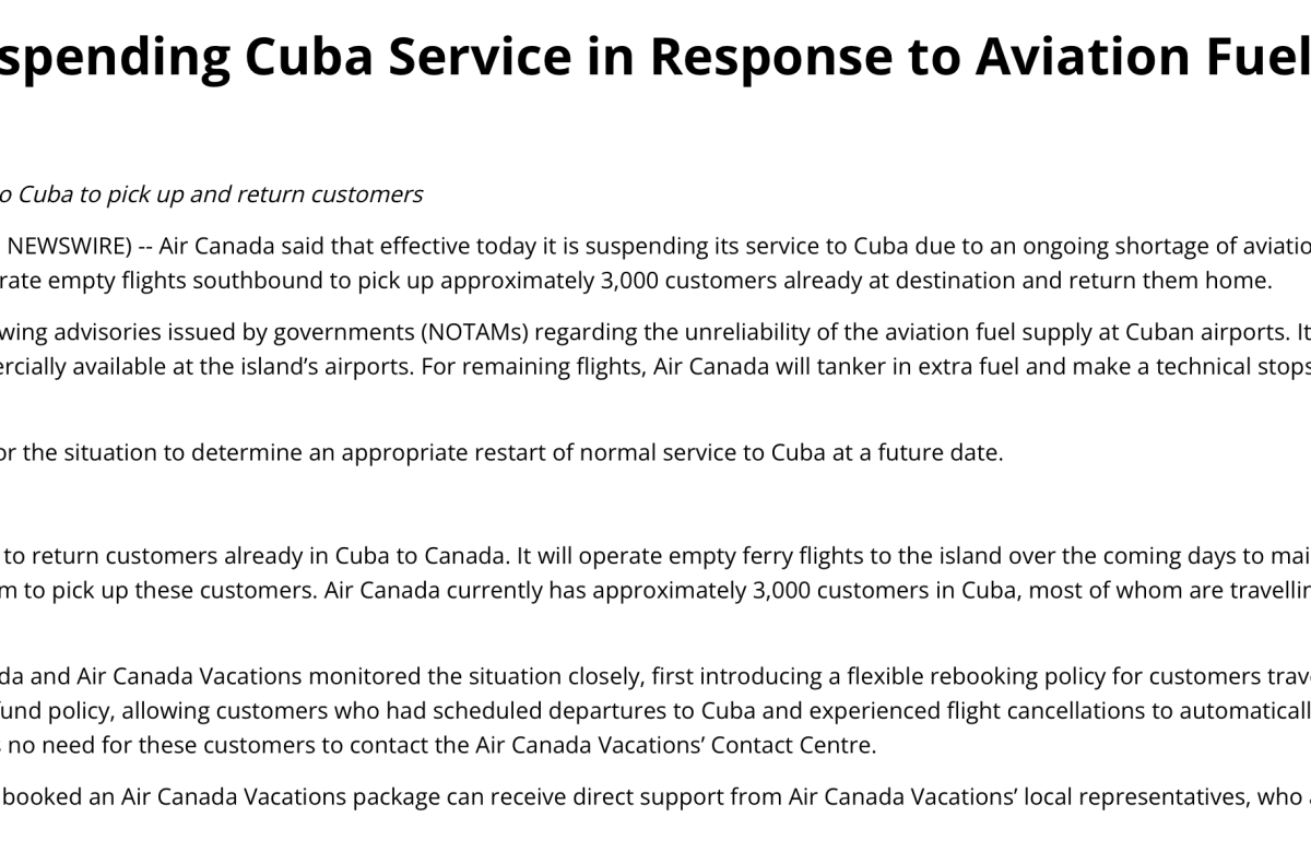 Air Canada suspendió vuelos a Cuba por la escasez de combustible en la isla