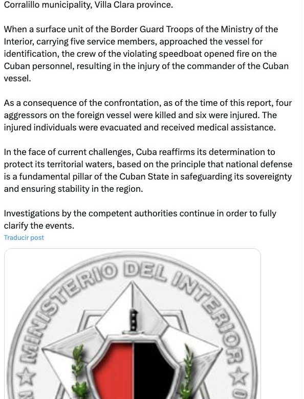 Mata Cuba a cuatro tripulantes de lancha estadounidense