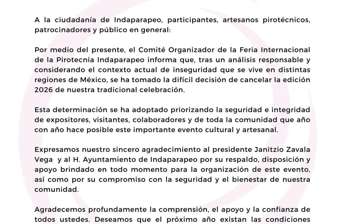Por violencia, cancelan Feria Internacional de Pirotecnia en Michoacán