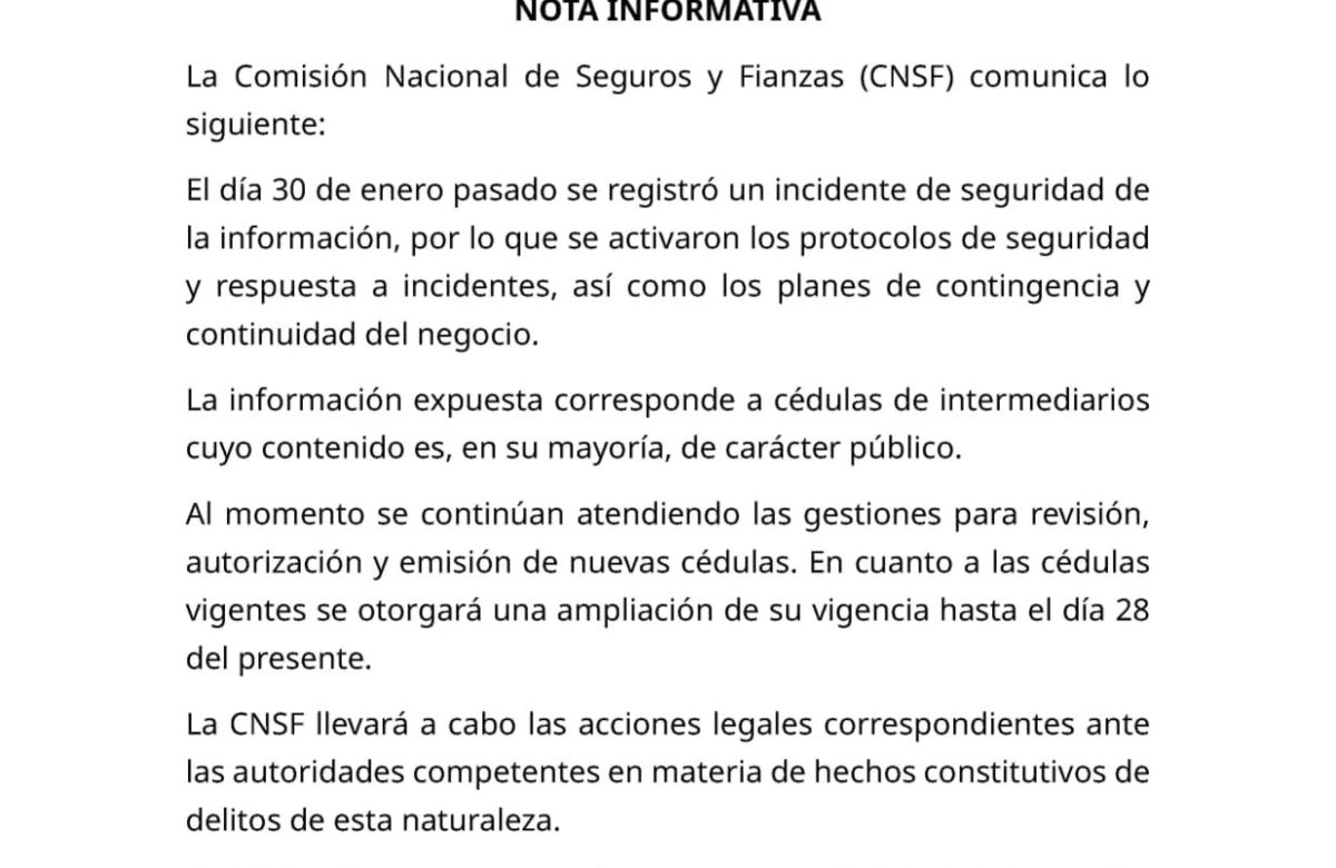 Sufre CNSF incidente de seguridad de la información