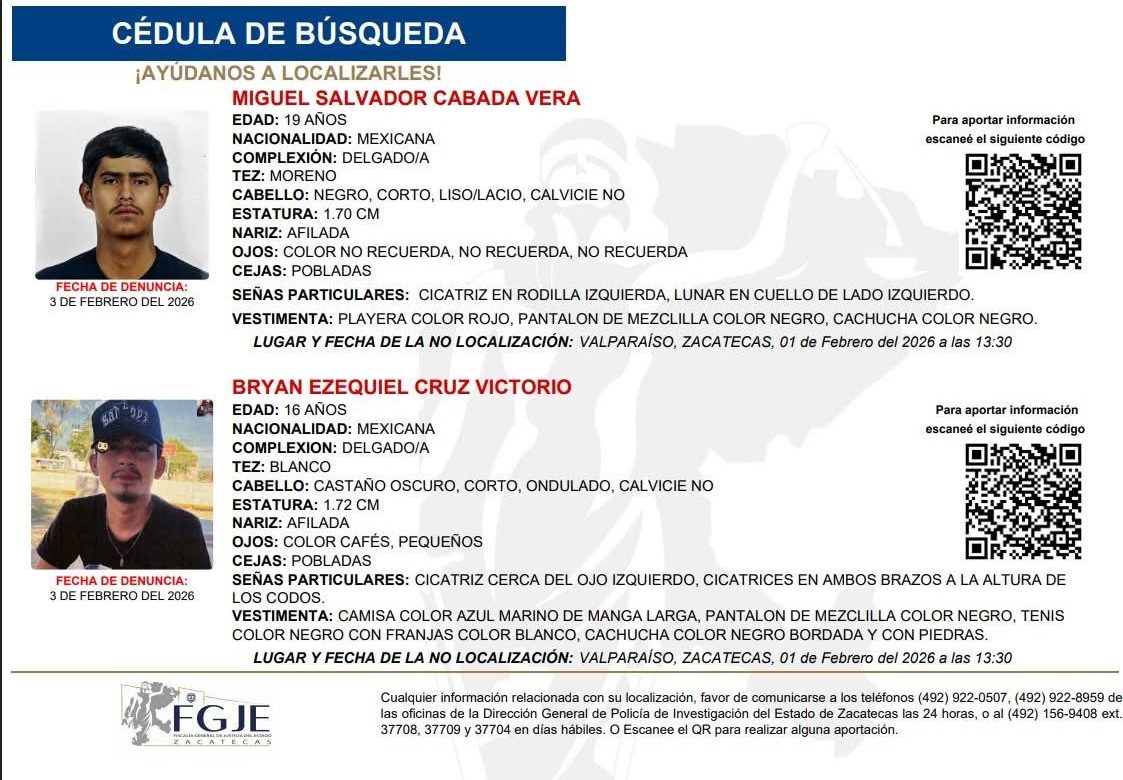 Buscan a jóvenes zacatecanos en Valparaíso; Fiscalía activa fichas de búsqueda