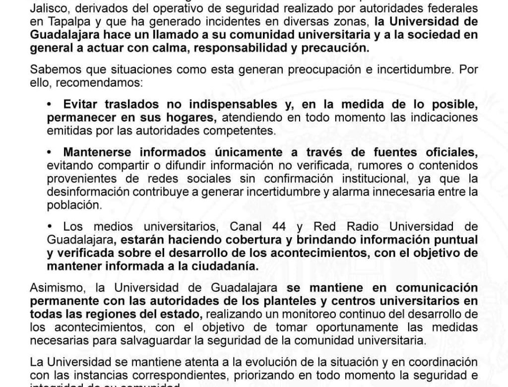 UdeG llama a la calma tras hechos en Jalisco