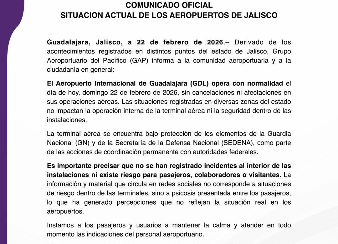 Descartan afectaciones en Aeropuerto de Guadalajara