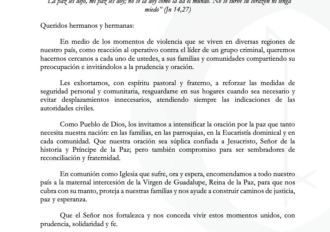 La Iglesia México invita a intensificar la oración por la paz