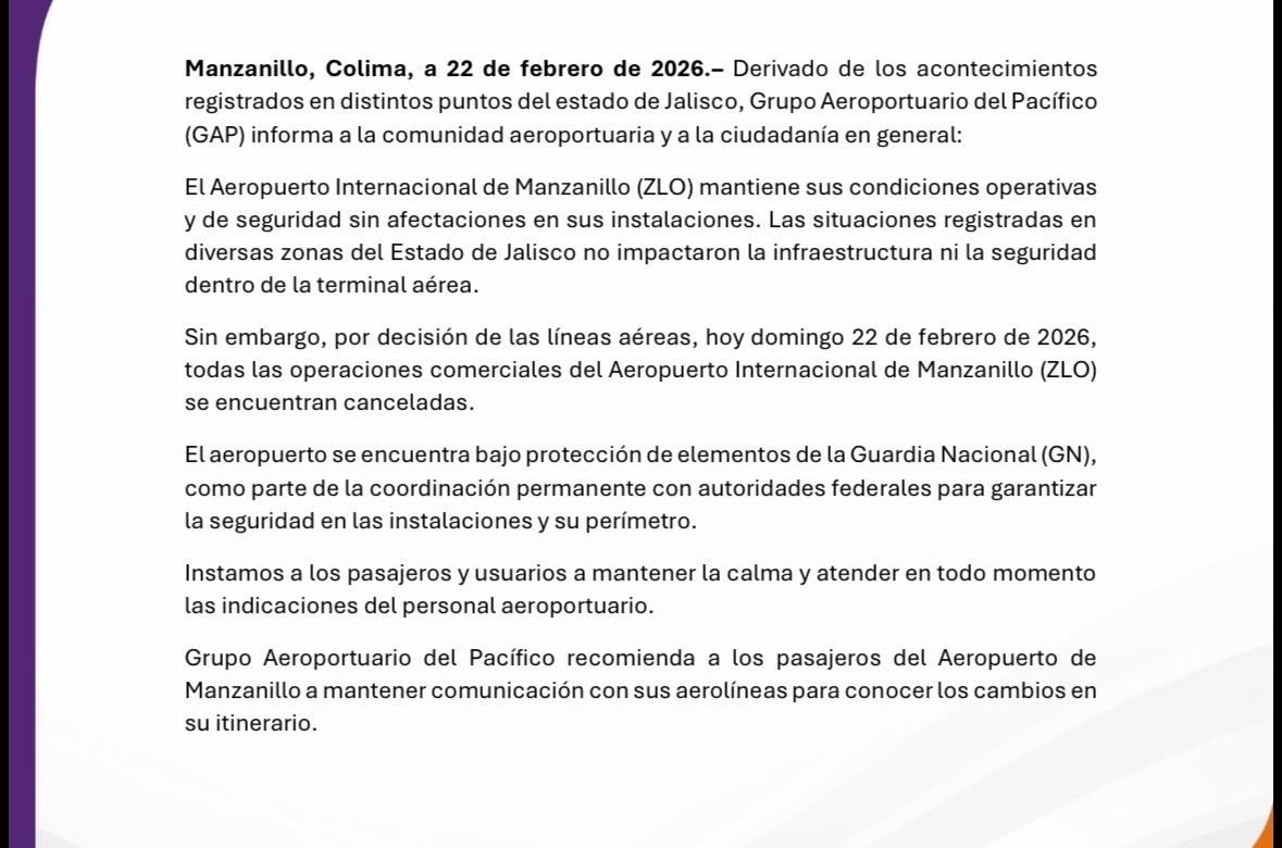 Cancelan vuelos en el Aeropuerto de Manzanillo