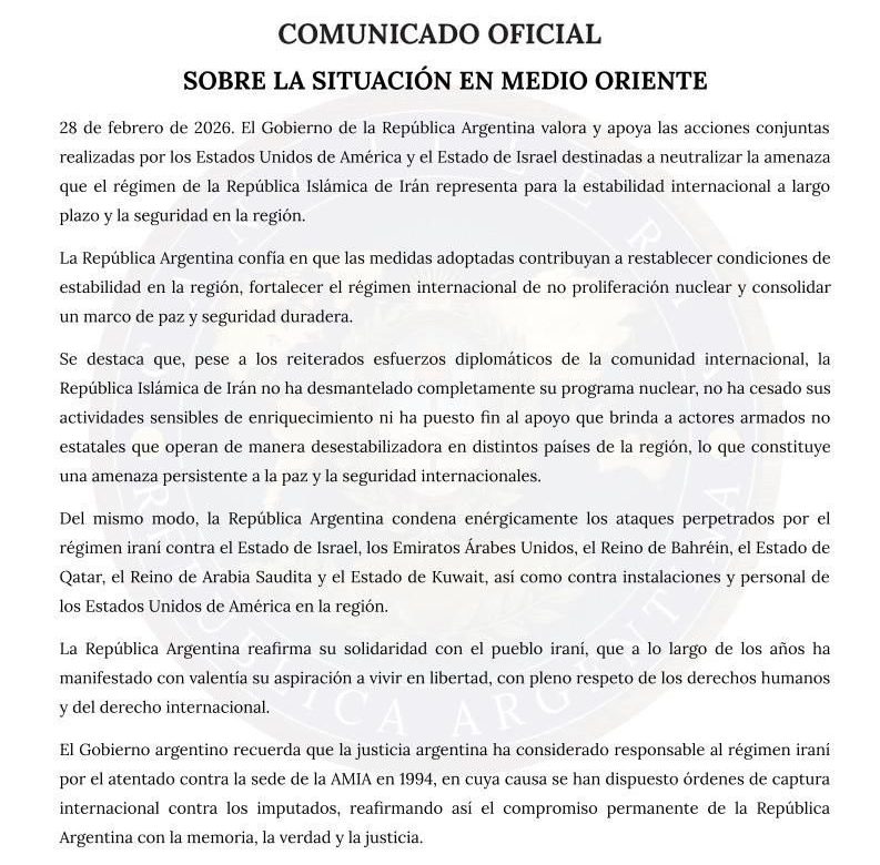 Apoya Argentina acciones de EU e Israel