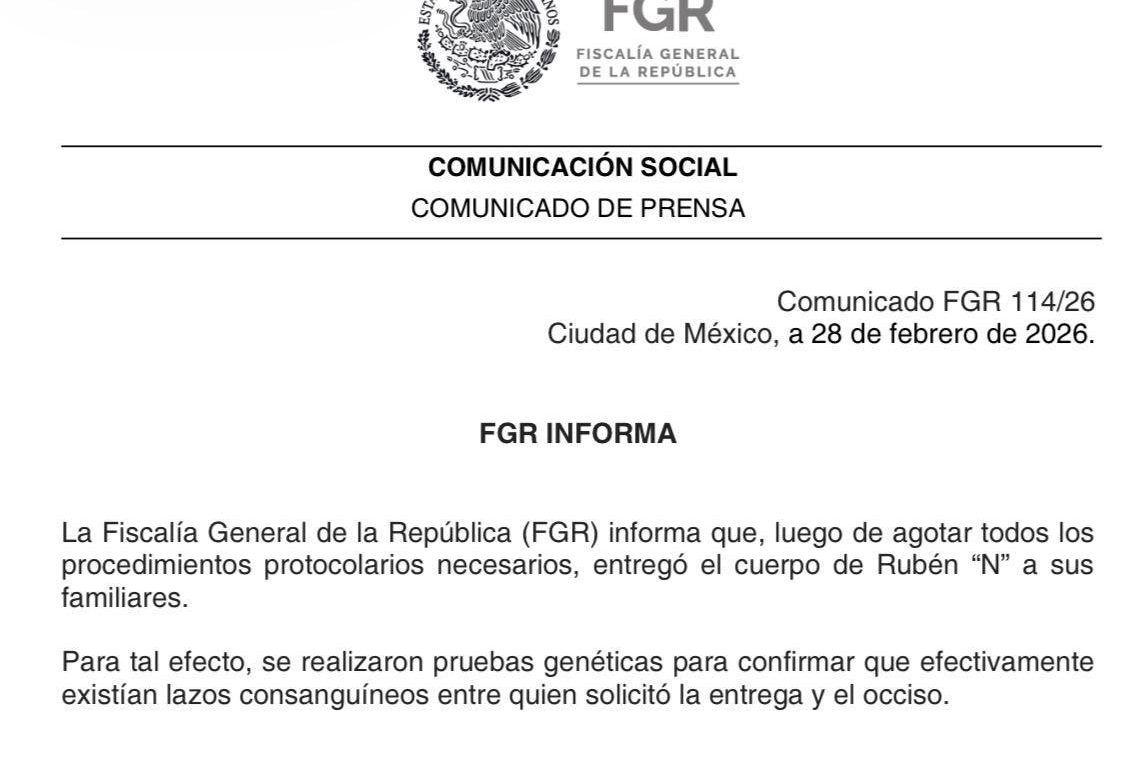 FGR entrega cuerpo de Rubén “N” a sus familiares