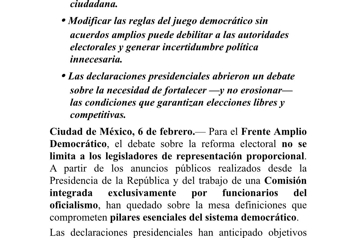 Reforma Electoral va mucho más allá de los plurinominales: Frente Amplio Democrático