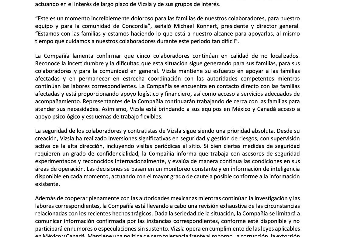 Informa Vizsla Silver que 5 mineros continúan en calidad de no localizados