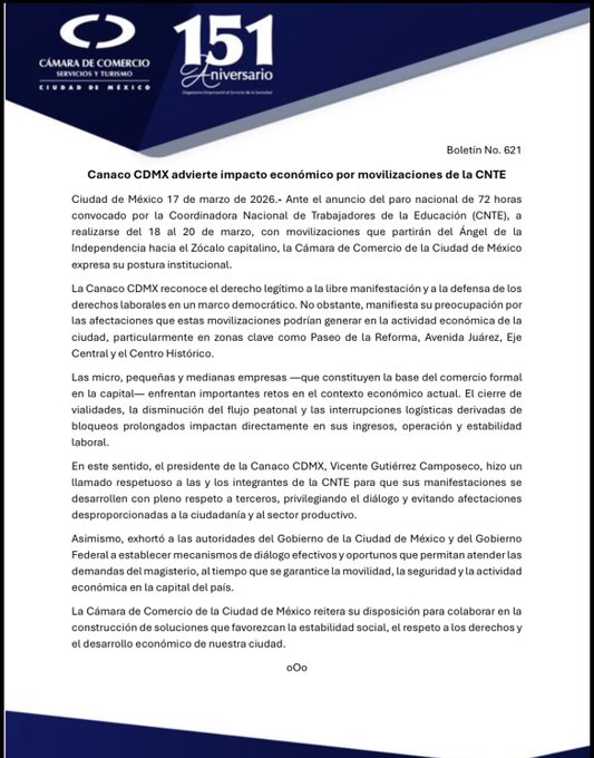 Canaco alerta por impacto económico ante movilizaciones de la CNTE en CDMX