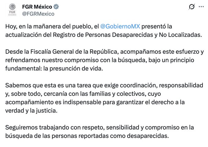 Respalda FGR presentación del Registro de Personas Desaparecidas y No Localizadas