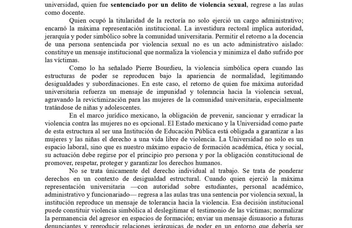 Colectivas universitarias rechazan posible regreso de Rubén Ibarra a las aulas