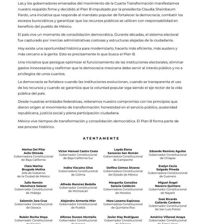 Apoyan gobernadores de la 4T plan B de la reforma electoral