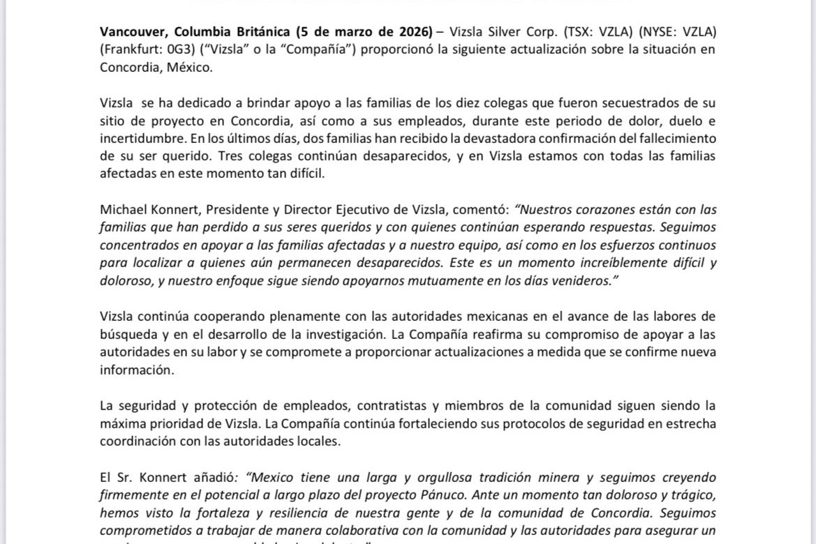 Vizsla Silver confirma identificación de dos mineros secuestrados en Sinaloa