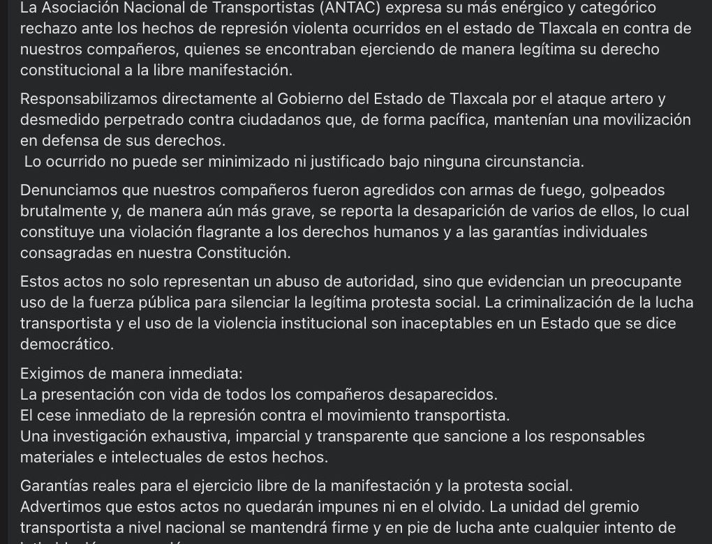 ANTAC denuncia actos de represión en Tlaxcala