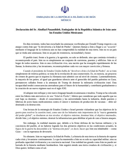 Embajada de Irán en México advierte riesgos para la estabilidad global