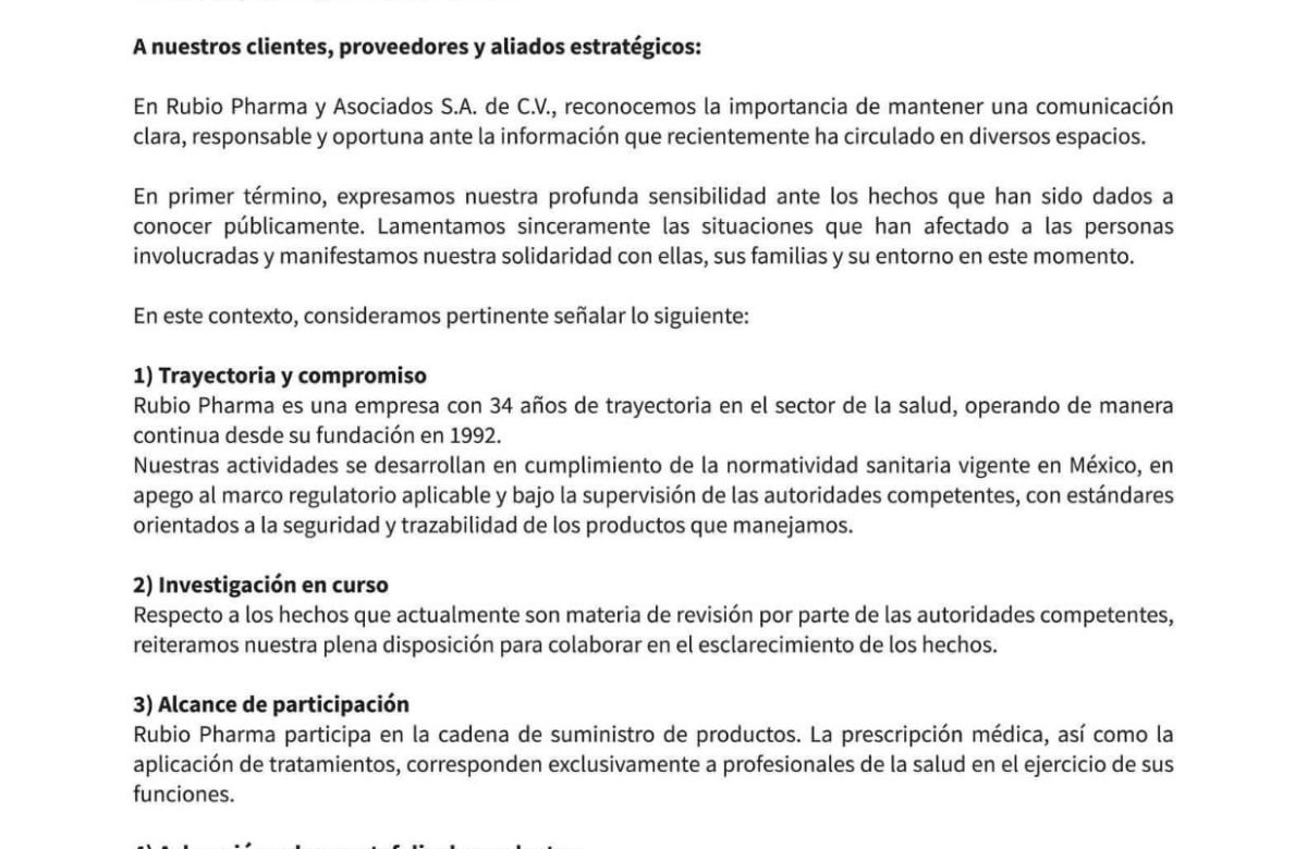 Rubio Pharma se deslinda de “sueros vitaminados” en Sonora