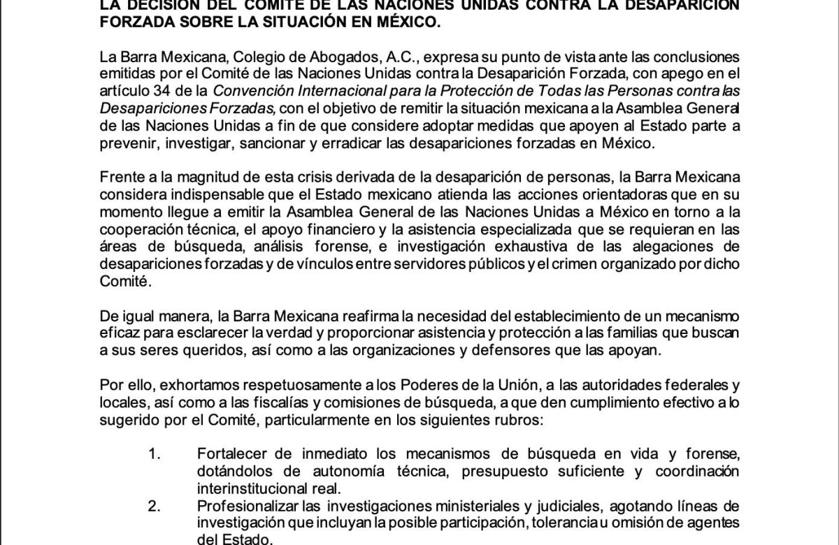 Pide Barra de Abogados cooperar con ONU por desaparecidos